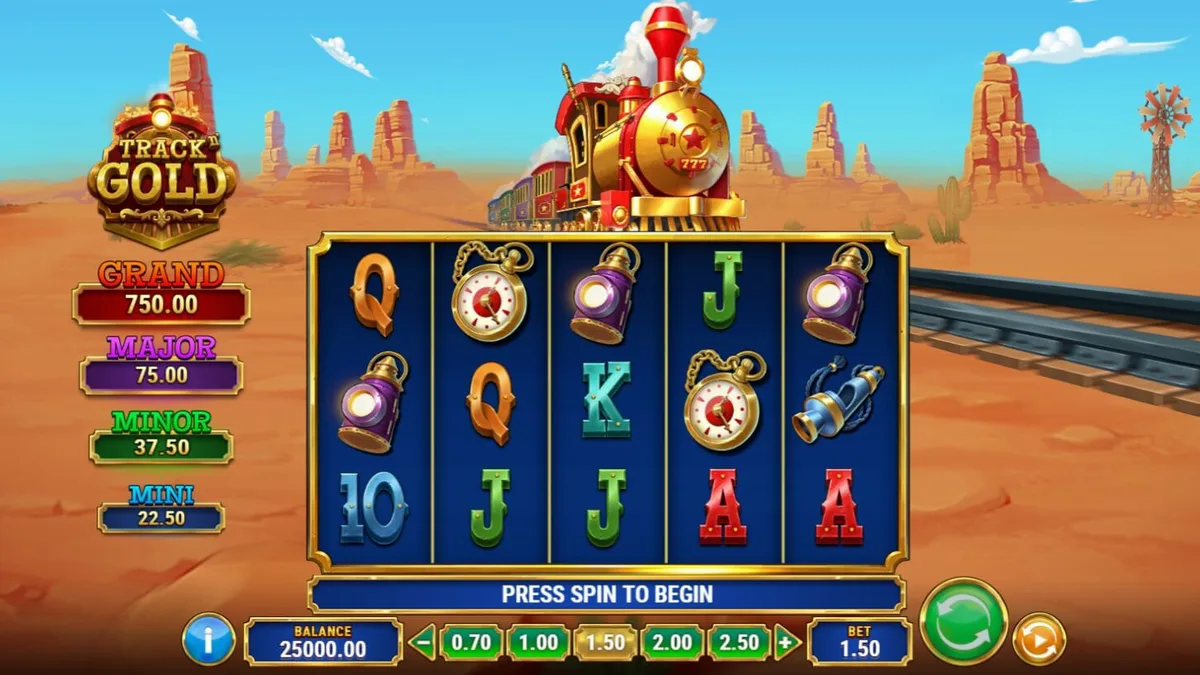 Tampilan visual permainan slot Track’n Gold dengan tema kereta api Wild West